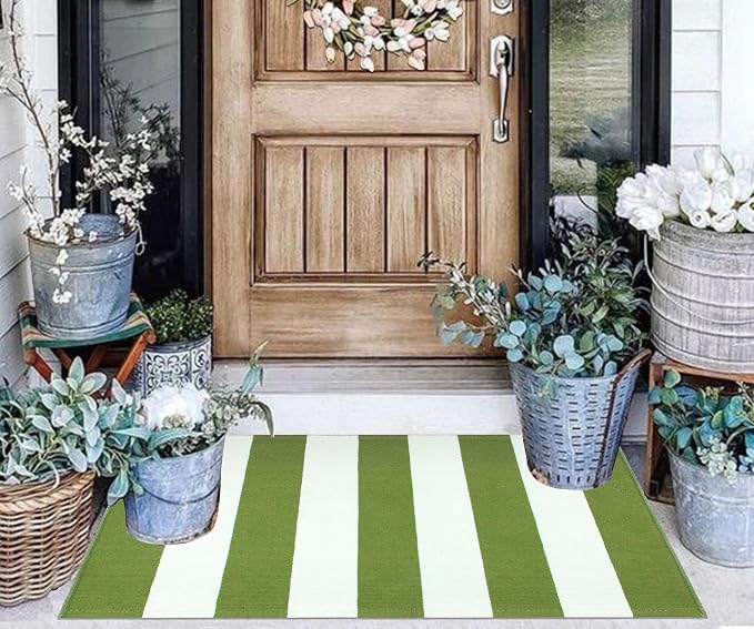 Green and White Layered Door Mats 2x3ft, Striped Outdoor Rug Cotton Woven Washable Farmhouse Small Area Rug for Entryway/Porch Decor/Kitchen/Home Entrance