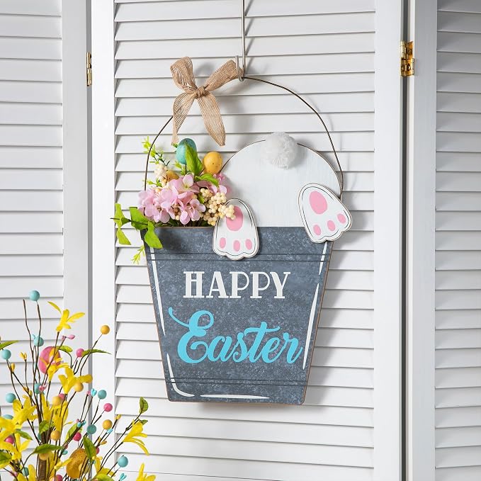 Glitzhome Easter Wooden Bucket Shaped Bunny Wall Hanging Art Sign Decor, 18"H