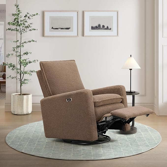 Oxford Baby Uptown Power Glider Recliner Rocking Chair 270° Swivel for Nursery and Living Room, Teddy Brown, Green Guard Gold Certified