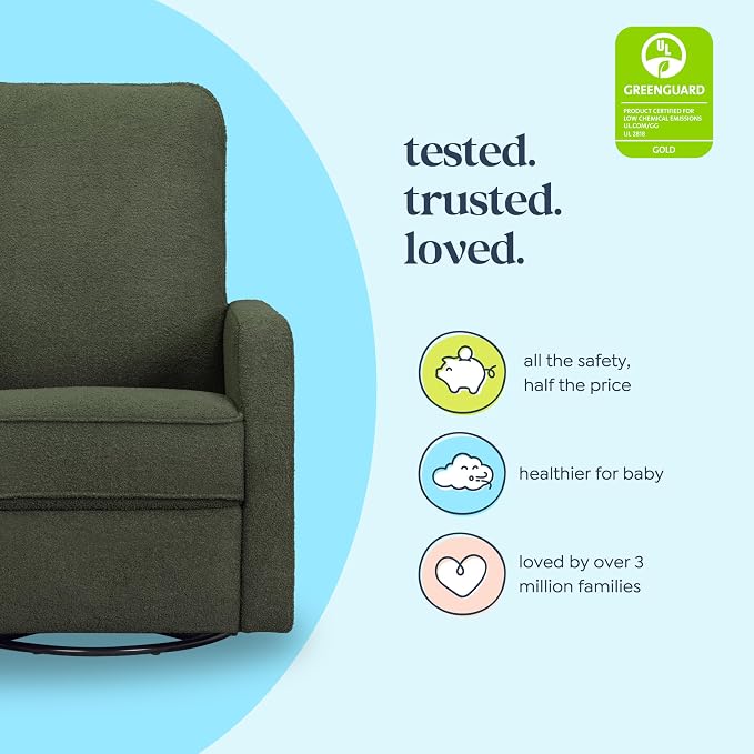 Davinci Lucas Pillowback Swivel Recliner in Cozy Olive Boucle, Greenguard Gold & CertiPUR-US Certified | GREENGUARD Gold Certified Nursery Recliner Chair w/ High Pillow-Back, Padded Arms & Bonus Lumbar Pillow - Manual, 360° Swivel
