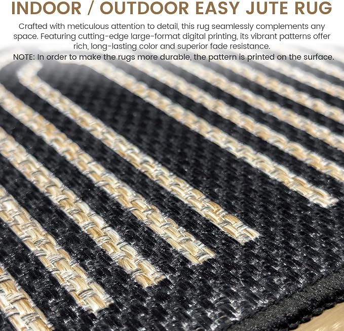 Washable Rainbow Easy Jute Rug 3x5, Black Outdoor Indoor Patio Modern Geometric Neutral Small Rugs, Woven Non Slip Thin Carpet Mat for Living Bedroom Entryway Front Door Farmhouse Doorway Kids