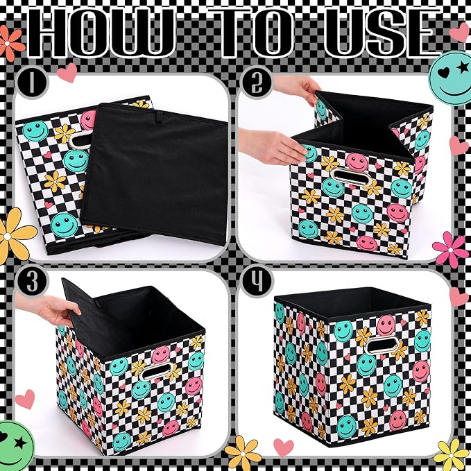 Gerrii 6 Pack 11 Inch Cube Storage Bins for Classroom Foldable Fabric Storage Cube Bins Checkered Smile Face Organizing Baskets with Grommet Handles for Back to School Organizer Shelves Decor