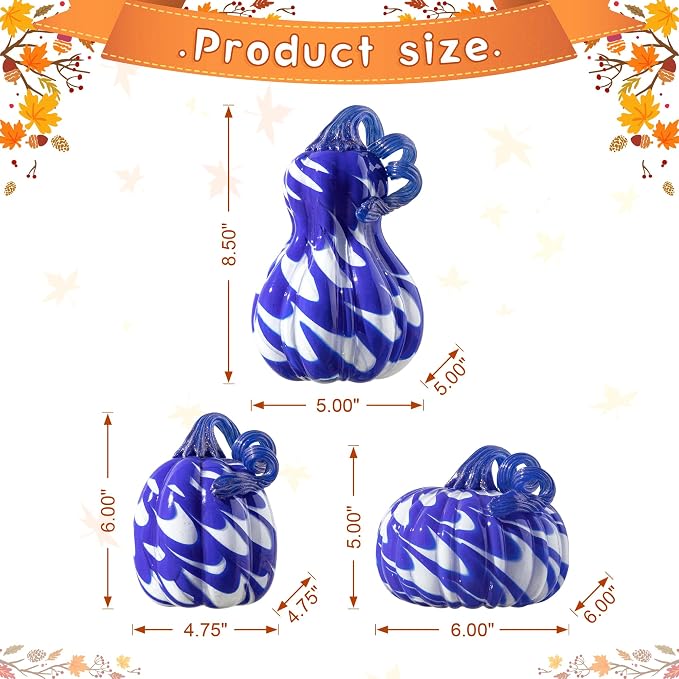Glitzhome Hand Blown Glass Pumpkin 3pcs Fall Glass Gourd, Blue/White