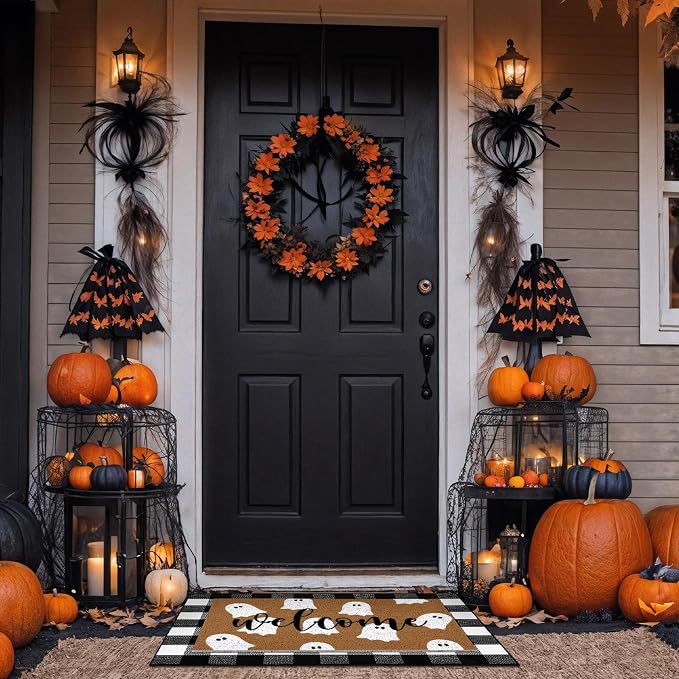 Tinideya 2 Pcs Halloween Layered Doormat Set, Ghost Welcome Mat with Black and White Buffalo Plaid Rug, Farmhouse Front Porch Rugs for Entryway Fall Decor