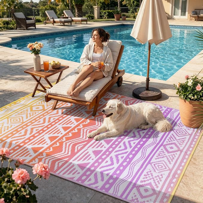 Lahome Outdoor Rug Waterproof, 5x8ft Reversible Outdoor Plastic Straw Rug for Camping, RV Patio Rugs Outside Carpet for Porch Deck Backyard Balcony Picnic(Orange/Purple,5'x 8')