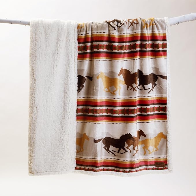 Carstens, Inc. Wrangler Running Horse Country Sherpa Fleece Throw Blanket, Brown, One Size
