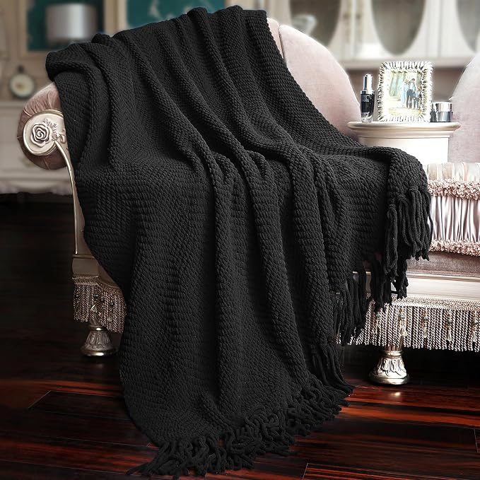 Home Soft Things Black Throw Blanket Knitted Tweed Throw 50'' x 60'', Raven, Super Soft Cozy Warm Comfortable Breathable Throw for Living Room Chair Couch Bed Sofa Bedroom Home Décor