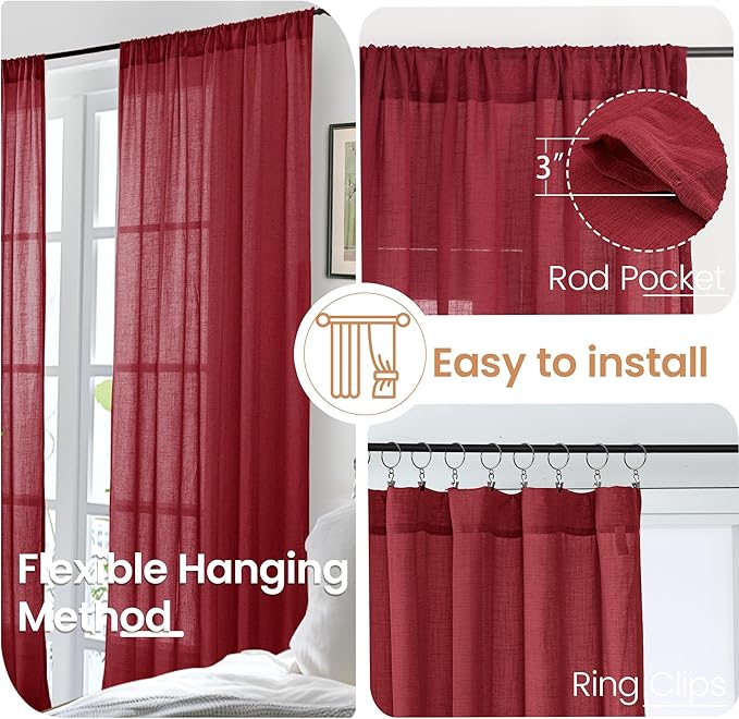 BGment Burgundy Linen Curtains 63 Inches Long for Living Room, Semi Sheer Window Drapes Textured for Bedroom Dining Light Filtering with Rod Pocket Lightweight, 2 Panels, Each 52 Inch Wide