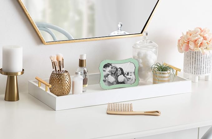 Kate and Laurel Lipton Narrow Decorative Tray with Polished Metal Handles, White and Gold