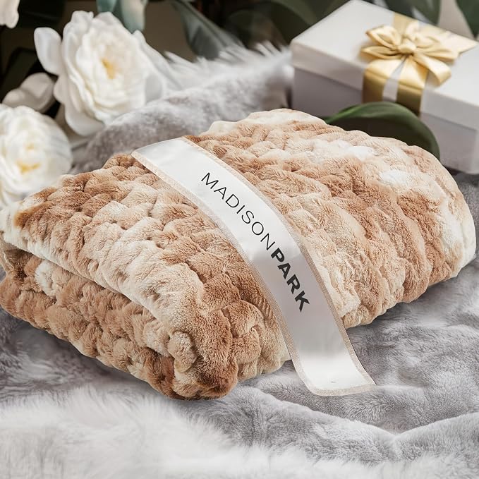 Madison Park Ruched Fur Throw Faux Fur Blanket, 50" x 60", Tan Tie Dye | Luxury, Premium, Soft Cozy Brushed Long Pile, All Season Plush Modern OEKO- TEX Certification Warm For Bed, Couch or Sofa