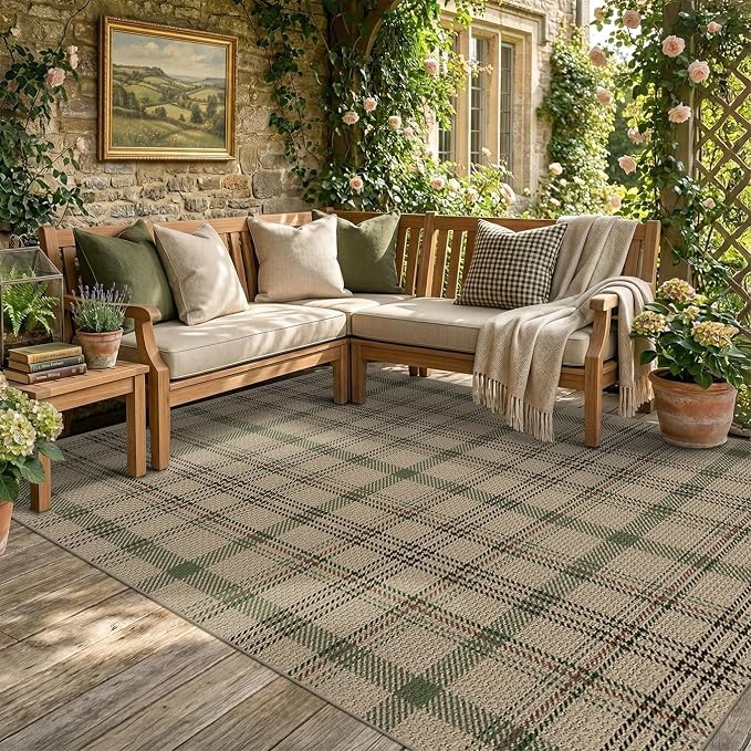 JTJ Easy Jute Area Rug 5x7, Washable Indoor Outdoor Plaid Rug for Living Room, Bedroom, Porch, Farmhouse Non Slip Beige & Sage Green Carpet