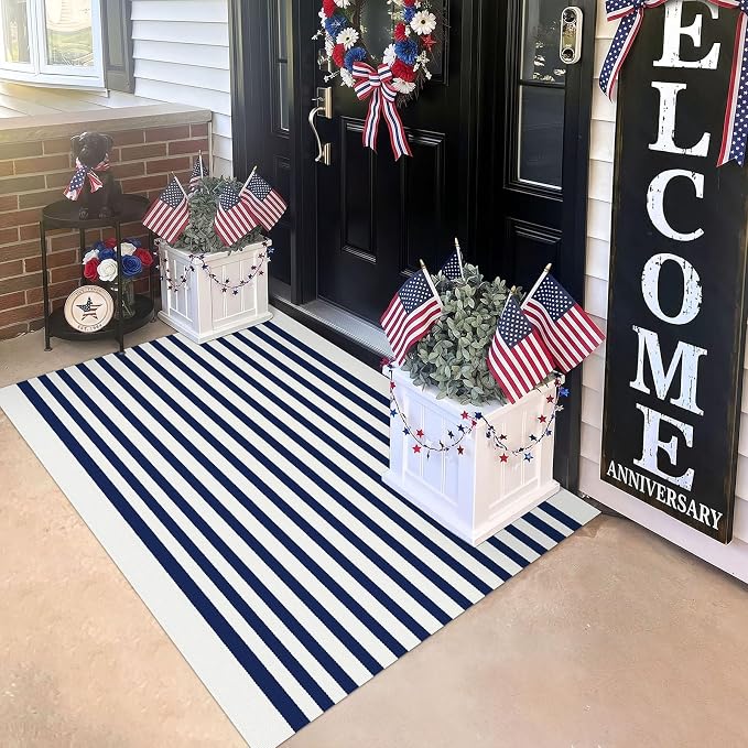 KILOCOCO Blue White Striped Rug 3'X5' Front Door Mat Outdoor Washable Rugs | Cotton Layered Doormats, Low Pile Front Porch Rug, Woven Indoor Rug for Kitchen Entryway, Farmhouse Patio Carpet