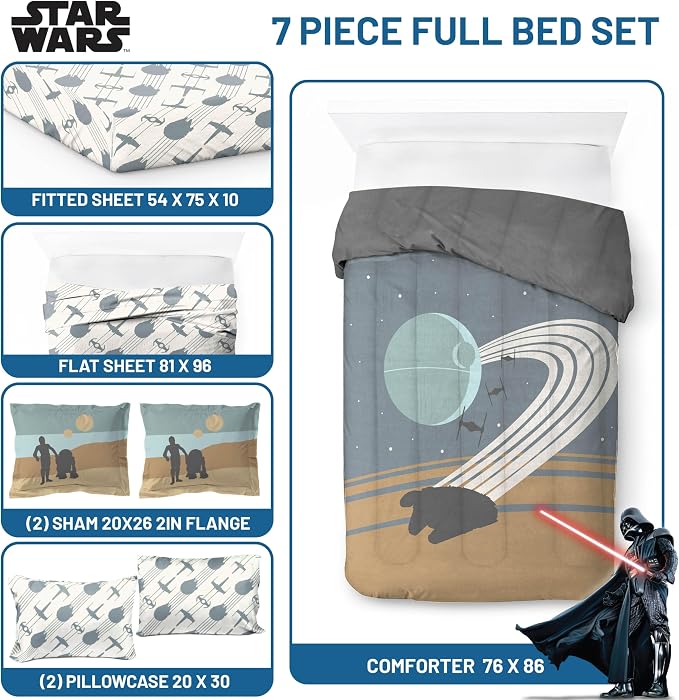 Star Wars Full Comforter Set 7 Piece Soft Bedding for Boys, Multi | Bed in a Bag, Comforter Sheets Shams Pillowcases, Official Product, Soft Microfiber, Machine Washable, Boys Gift