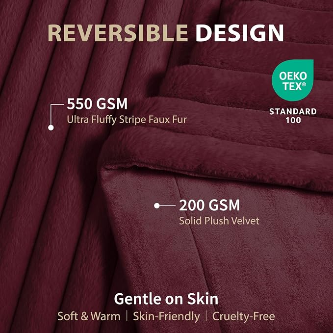DEZ FURNISHINGS Luxury Reversible Textured Stripe Faux Fur & Velvet Throw Blanket, Throw XL (50" x 70"), Burgundy Red