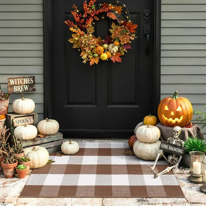 Uphome Bufflo Plaid Outdoor Rug 2'x3', Fall Decor Small Checkered Front Door Mat, Indoor Outdoor Farmhouse Cotton Porch Rug for Layered Door Mats, Washable Brown Area Rugs for Patio Entryway