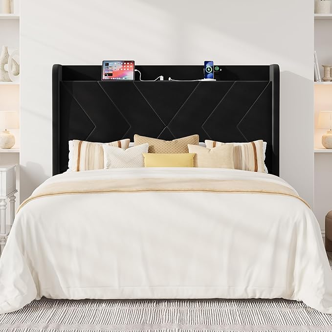 Allewie Full Size Platform Bed Frame with Charging Station and Storage Shelf/Upholstered Velvet Wingback Headboard/Wooden Slats Support/No Box Spring Needed/Easy Assembly, Black