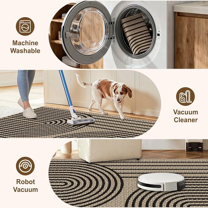 Faux Jute Hallway Runner Rug, 2' x 6' Kitchen Runner, Black Farmhouse Ultra-Thin Washable Non-Slip Carpet Runner for Laundry, Bedroom, Backyard, Outdoor, Home Decor