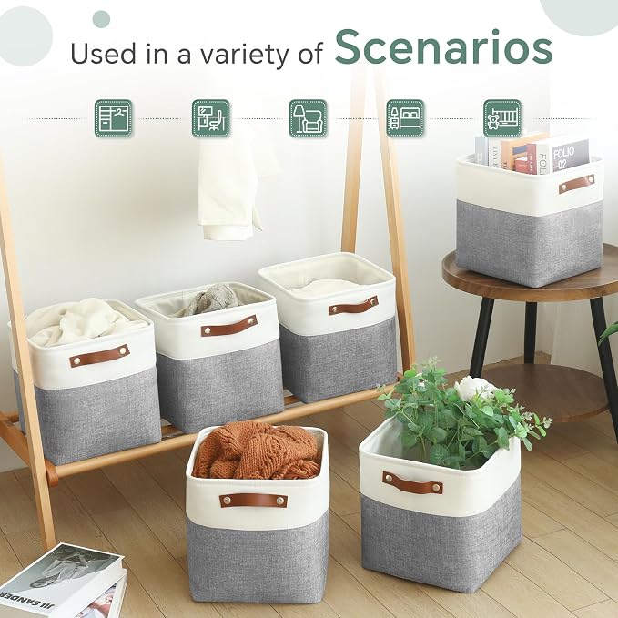 FinishingBo 11 inch Cube Storage Bin 6 Pack, Cube Organizer Bins | Fabric Storage Bins With Handles, 11x11 Storage Cubes, Shelf Basket, White/ Gray