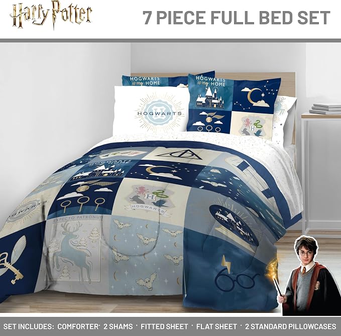 Harry Potter Full Comforter Set 7 Piece Soft Hogwarts Bedding, Multi | Fantasy, Bed in a Bag, Comforter Sheets Shams Pillowcases, Official Product, Soft Microfiber, Machine Washable, Kids Gift