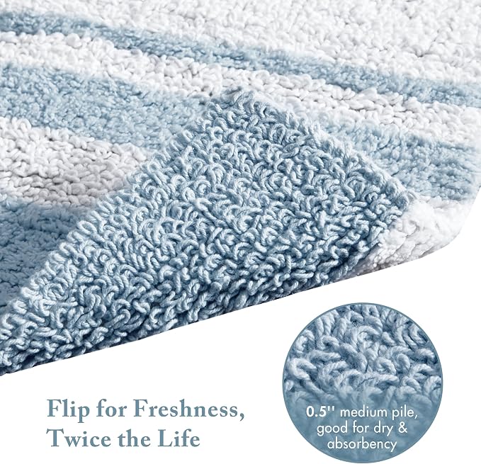 Madison Park Reversible Spa Rug 100%-Cotton Striped Ultra Soft Water Fast Bath Non-Slip Absorbent Quick Dry Mats for Tub, Shower Room, and Bathroom, 27"x45", Blue (MP72-6211) | Quick Dry, Ultra Soft, Pile, Machine Washable, Plush, OEKO-TEX Certified
