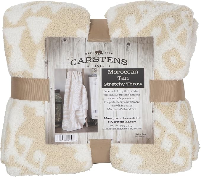 Carstens, Inc. Luxury Soft Stretchy Reversible Plush Throw Blanket, Large 50" x 60", Beige Moroccan