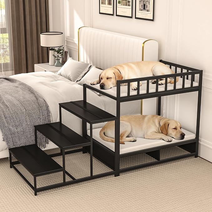 GDLF Dog Bunk Beds for Large Dogs, Dog Bedside Bed with Stairs & Storage, Space-Saving Indoor pet Furniture