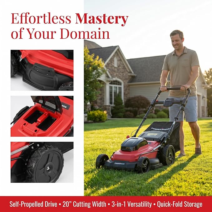 20" Self Propelled Cordless Lawn Mower,40V 2x4.0 Ah Battery Lawn Mower with Dual Battery Slots & Steel Deck, 3-in-1 Walk-Behind Mower (Bagging/Mulching), Space Saving Foldable