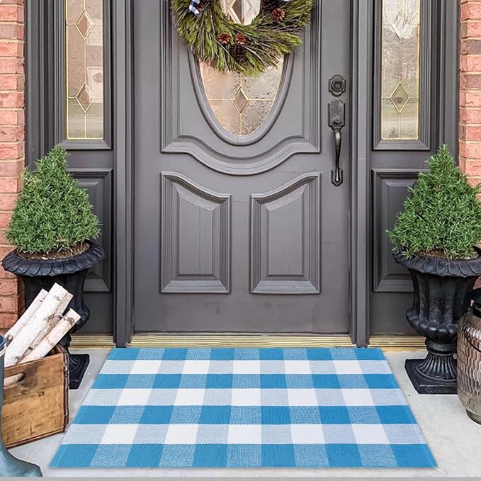 Spring Rugs Blue and White Plaid, 28” x 43” Area Rug Outdoor Indoor Summer Front Porch Doormat Cotton Hand-Woven Layered Door Mats for Entryway Patio Entryway Laundry Bedroom