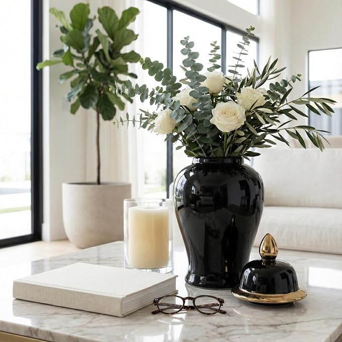 Ceramic Temple Jar with Lid for Living Room Decor - Contemporary Flower Vase for Bedroom, Home Styling, and Kitchen Counter - Sculpted House Accent for Office and Table Decor - 18", Black & Gold