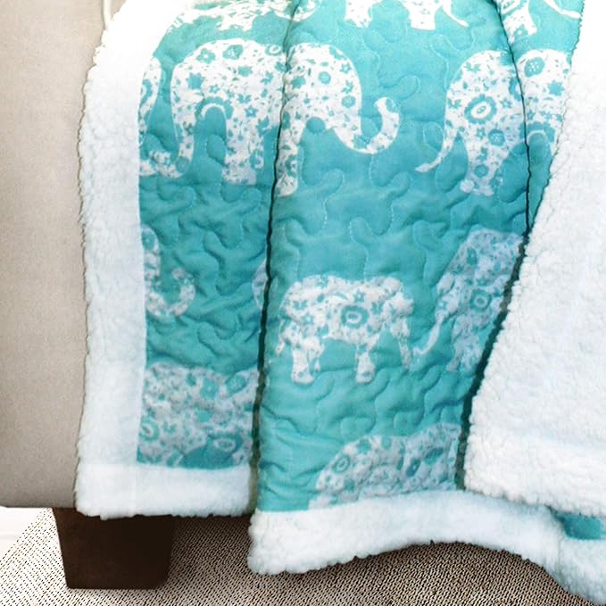 Lush Decor Elephant Parade Sherpa Throw Blanket 50" W x 60" L, Aqua - Elephant Blanket for Kids - Plush Throw Blankets for Bed - Blue Couch Blankets
