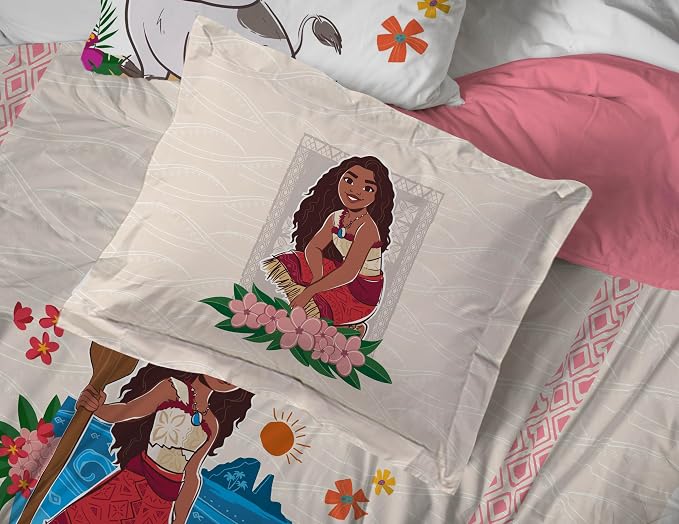 Disney Moana Twin Comforter Set 5 Piece Kids Bedding for Girls, Beige | Bed in a Bag, Comforter Sheets Sham Pillowcase, Official Brand, Soft Microfiber, Machine Washable, Girls Gift