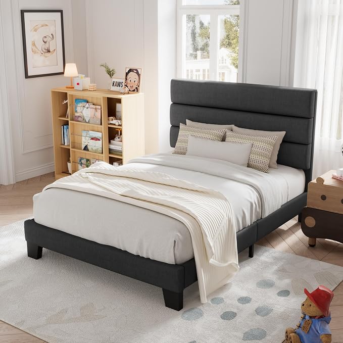 Allewie Twin Size Platform Bed Frame with Fabric Upholstered Headboard Gray | Wooden Slats Support, Fully Upholstered Mattress Foundation, No Box Spring Needed, Easy Assembly, Noise-Free, Dark Grey