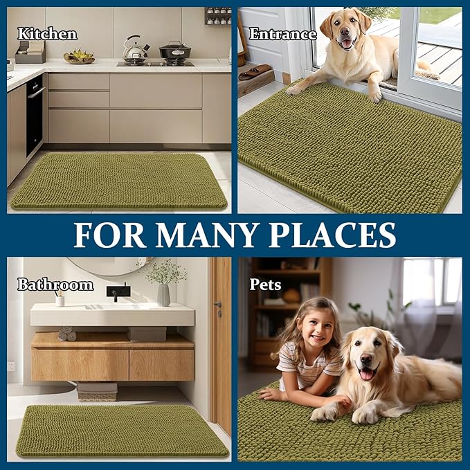 OLANLY Dog Door Mat for Muddy Paws 70x35, Absorbs Moisture and Dirt, Absorbent Non-Slip Washable Doormat, Quick Dry Chenille Mud Mat, Entry Indoor Entryway Carpet for Inside Floor, Willow Green