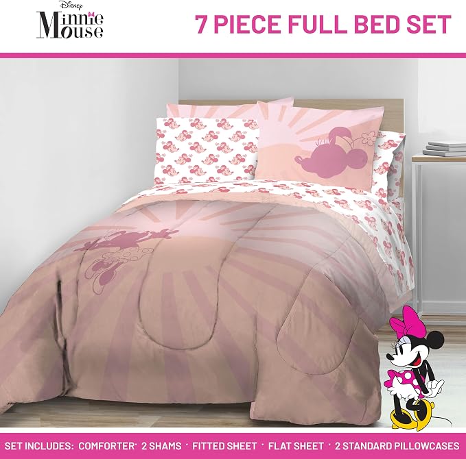 Disney Minnie Mouse Full Comforter Set 7 Piece Bedding for Girls, Pink | Bed in a Bag, Comforter Sheets Shams Pillowcases, Official Product, Soft Microfiber, Machine Washable, Girls Gift
