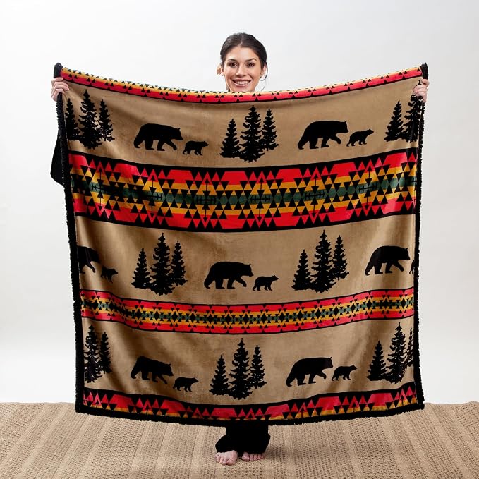 Carstens Bear Trails Black Sherpa Rustic Cabin Throw Blanket 54x68 (JP868) , Brown