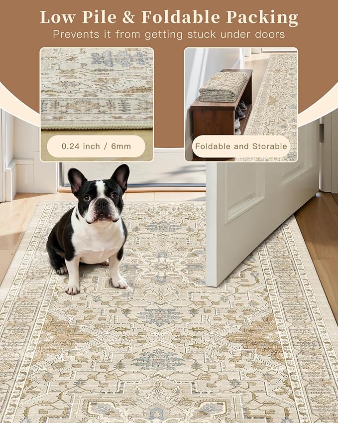 Madane Hallway Runner Rug 2'6''x10' Kitchen Runner, Non Slip Vintage Runners for Hallways 10ft Washable Kitchen Rugs Soft Low Pile 2.5x10 ft Rug Runner for Entryway and Bedroom, Beige/Blue