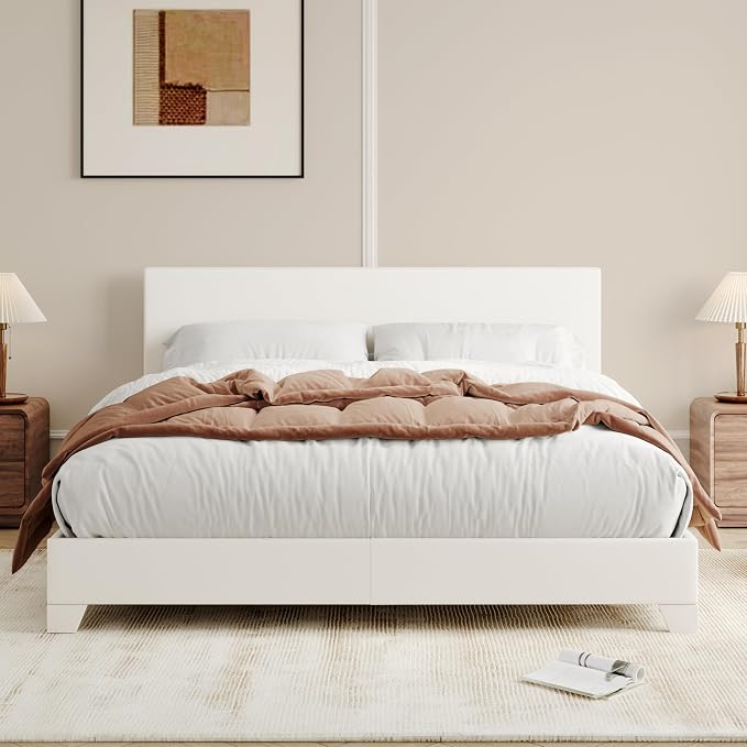 Allewie Full Size Upholstered Bed Frame Adjustable Headboard, White | Platform Bed with Heavy Duty Mattress Foundation, Noise-Free, Easy Assembly, Wood Slat Support, No Box Spring Needed