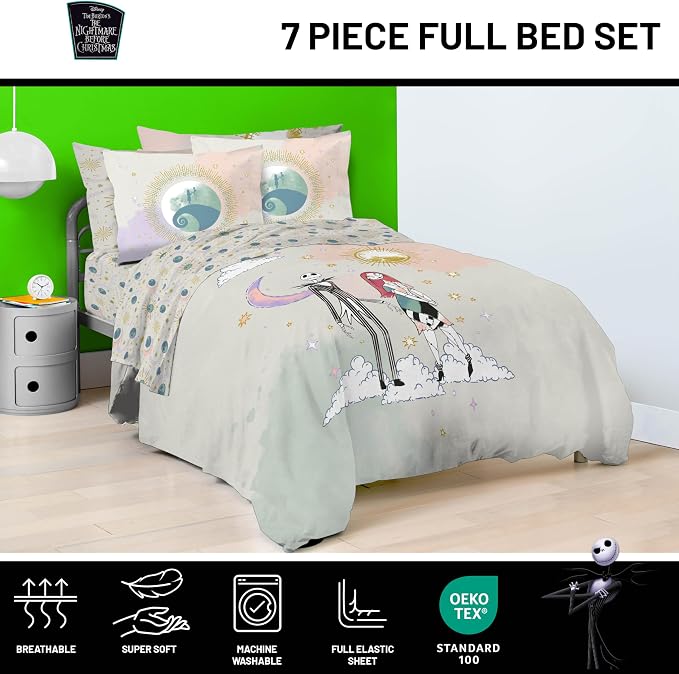 Disney Nightmare Before Christmas Full Comforter Set 7 Piece, Multi | Jack Skellington Sally, Bed in a Bag, Comforter Sheets Shams Pillowcases, Soft Microfiber, Machine Washable, Girls Gift
