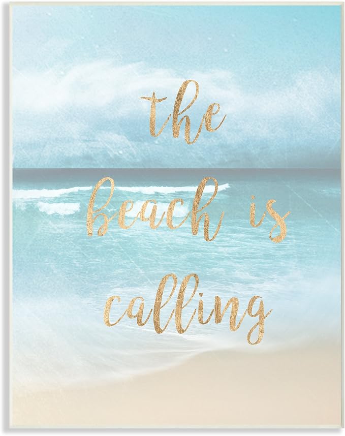 Stupell Home Décor The Beach Is Calling Gold Typography Wall Plaque Art, 10 x 0.5 x 15, Proudly Made in USA | Stupell Industries | 10 x 15 Inches, Easy to Hang and Sturdy, Made in USA, by Emily Robinson