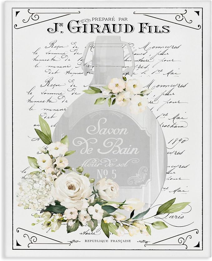 French White Bath Soap Floral, 36 x 48 Inch Canvas Wall Art | Stupell Industries · By Lettered and Lined · Ready to hang · Elegant bath and laundry decor · Made in USA