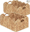 LUSYDECO Set of 2 Scalloped Edge Wicker Storage Basket with Built-in Handles, Rectangle Water Hyacinth Basket for Organizing, Decorative Woven Rattan Basket for Shelf, Nursery Room