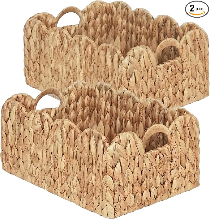 LUSYDECO Set of 2 Scalloped Edge Wicker Storage Basket with Built-in Handles, Rectangle Water Hyacinth Basket for Organizing, Decorative Woven Rattan Basket for Shelf, Nursery Room