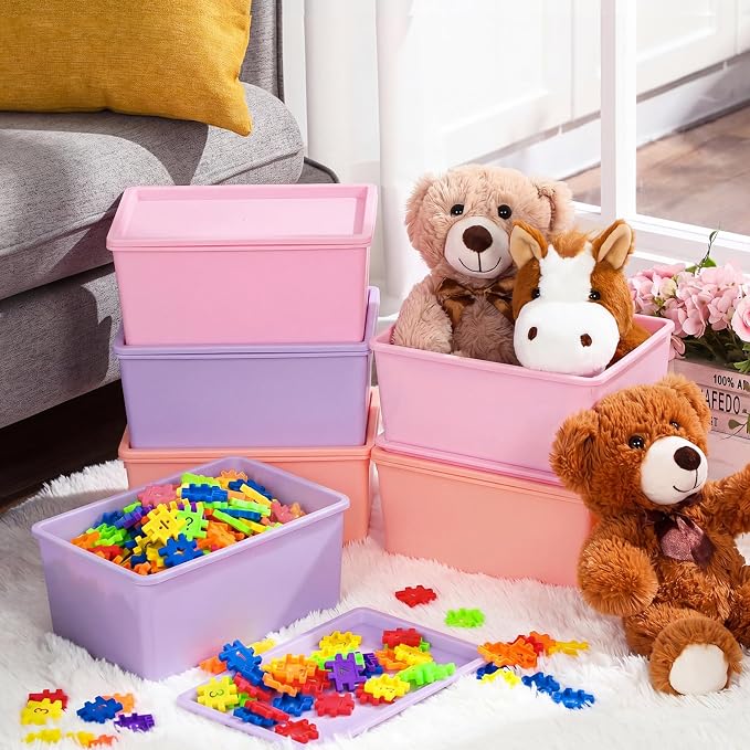 Menkxi 6 Pcs Storage Bins with Lids Small Plastic Storage Containers Stackable Storing Baskets Box Cute Organizer Bins for Organizing Shelves (Pink,Purple)