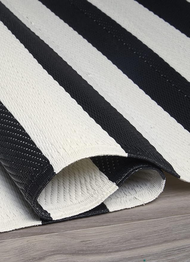 FH Home Outdoor Camping Rug - Waterproof, Fade Resistant, Reversible - Premium Recycled Plastic - Striped - Large Patio, Deck, Sunroom, RV - Brittany Stripe - Black & White - 9 x 18 ft Foldable