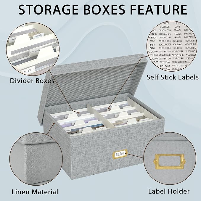 Decorative Photo Storage Box, Linen Photo Box Holds 1700 5x7 Pictures Grey | Photo Storage Containers with 8 Dividers, Memory Keepsake Organizer for Photos, Scrapbook Supplies, Cards, Stamps,Archive Box