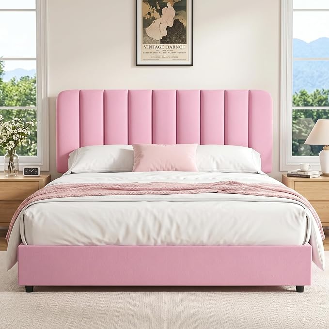 VECELO Full Size Upholstered Bed Frame with 4 Drawers and Headboard, Velvet Platform Storage Bedframe, Wooden Slats Support, No Box Spring Needed,Pink