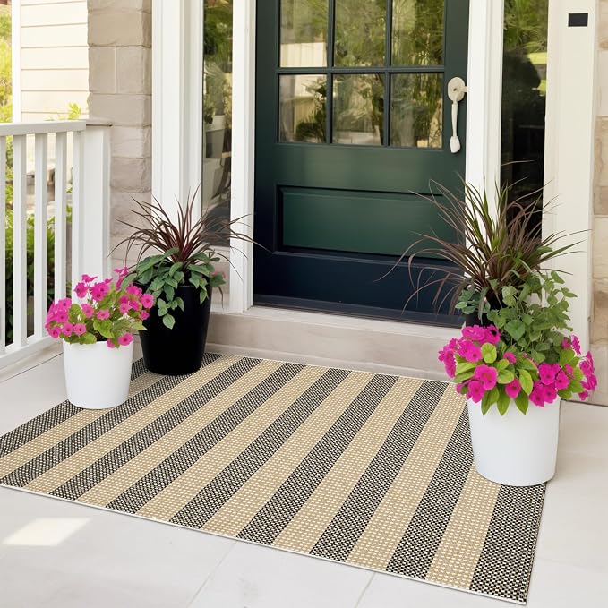 OJIA Tan Washable Outdoor Rugs 3'x5' Front Door Mat Porch Rug Patio Decor | Cotton Woven Doormat Indoor Outdoor Rugs Striped Entryway Rugs Small Outdoor Door Mats Outside Entrance for Kitchen Entry