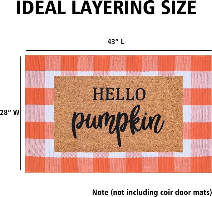 Ckorzen Fall Plaid Rug 28" x 43", Orange and White Buffalo Check Front Porch Outdoor Layered Doormat, Cotton Hand-Woven Washable Rug for Halloween Thanksgiving Autumn Decor
