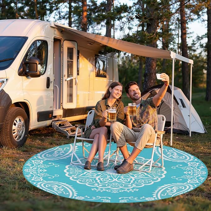 Pauwer Outdoor Rug 8ft, Waterproof Plastic Straw Camping Rug, Boho Teal | Reversible Patio Rug, UV Resistant Indoor Outdoor RV Mat Carpet For Deck, Camper, Porch, Balcony, Backyard, Picnic, Foldable