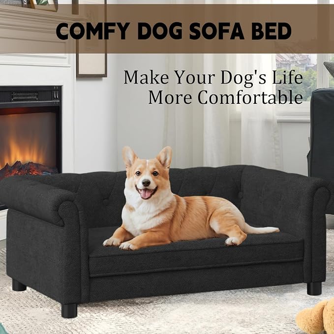 39" Dog Sofa Couch Bed for Small, Medium, Large Dogs,Memory Foam Pet Sofa with Removable Cover, Comfortable Pet Couch with Backrest and Armrests, Easy to Clean and Maintain（Black）